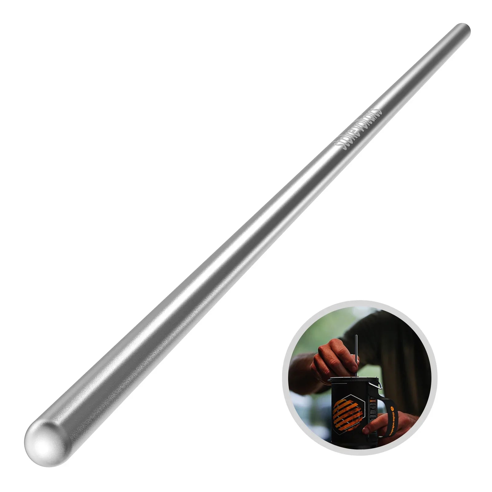 Stoke Voltaics stainless steel stirring rod with inset image of use in camping French press.