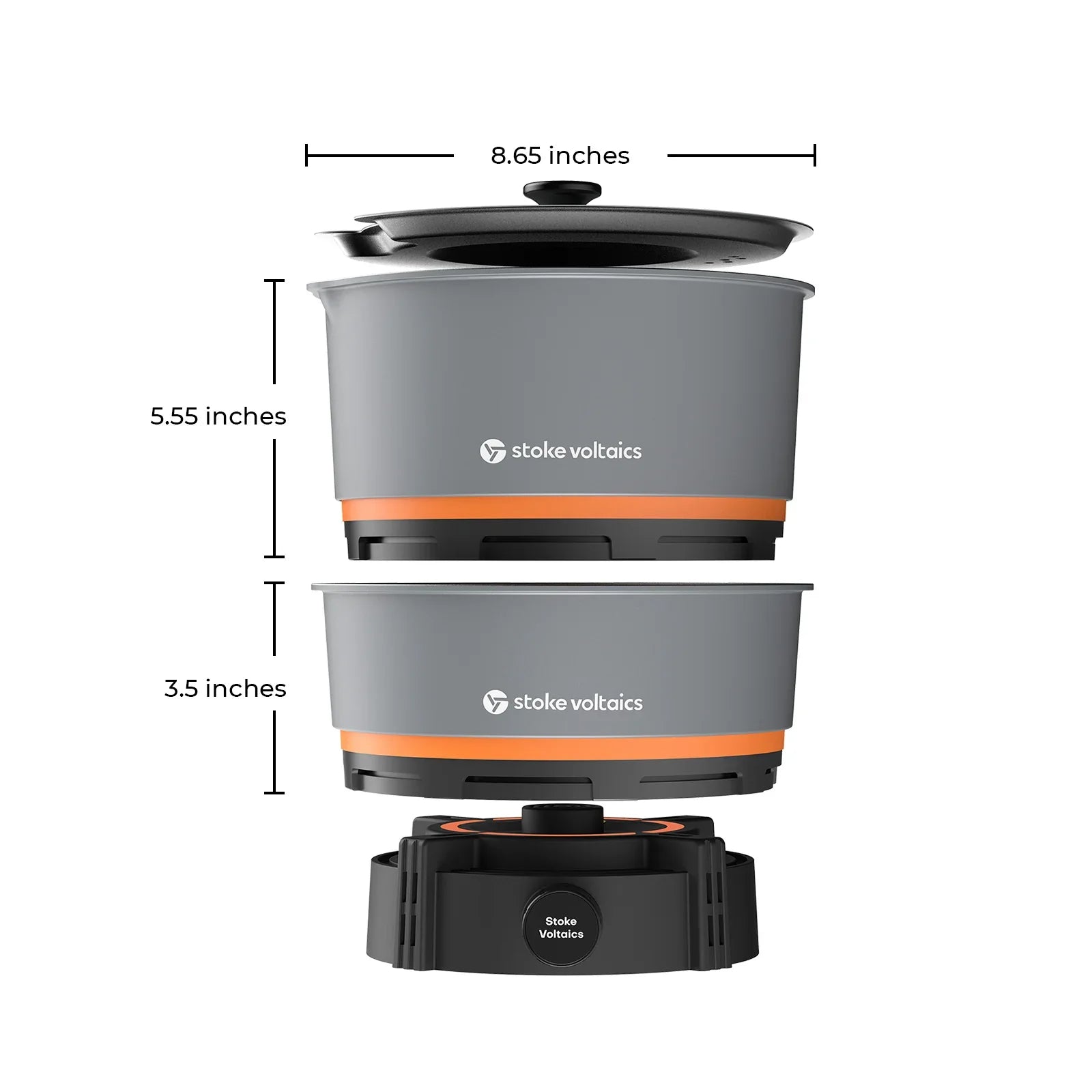 Stoke Voltaics nomad cooking system with kettle pot, two stackable gray units, and base shown with measurements.