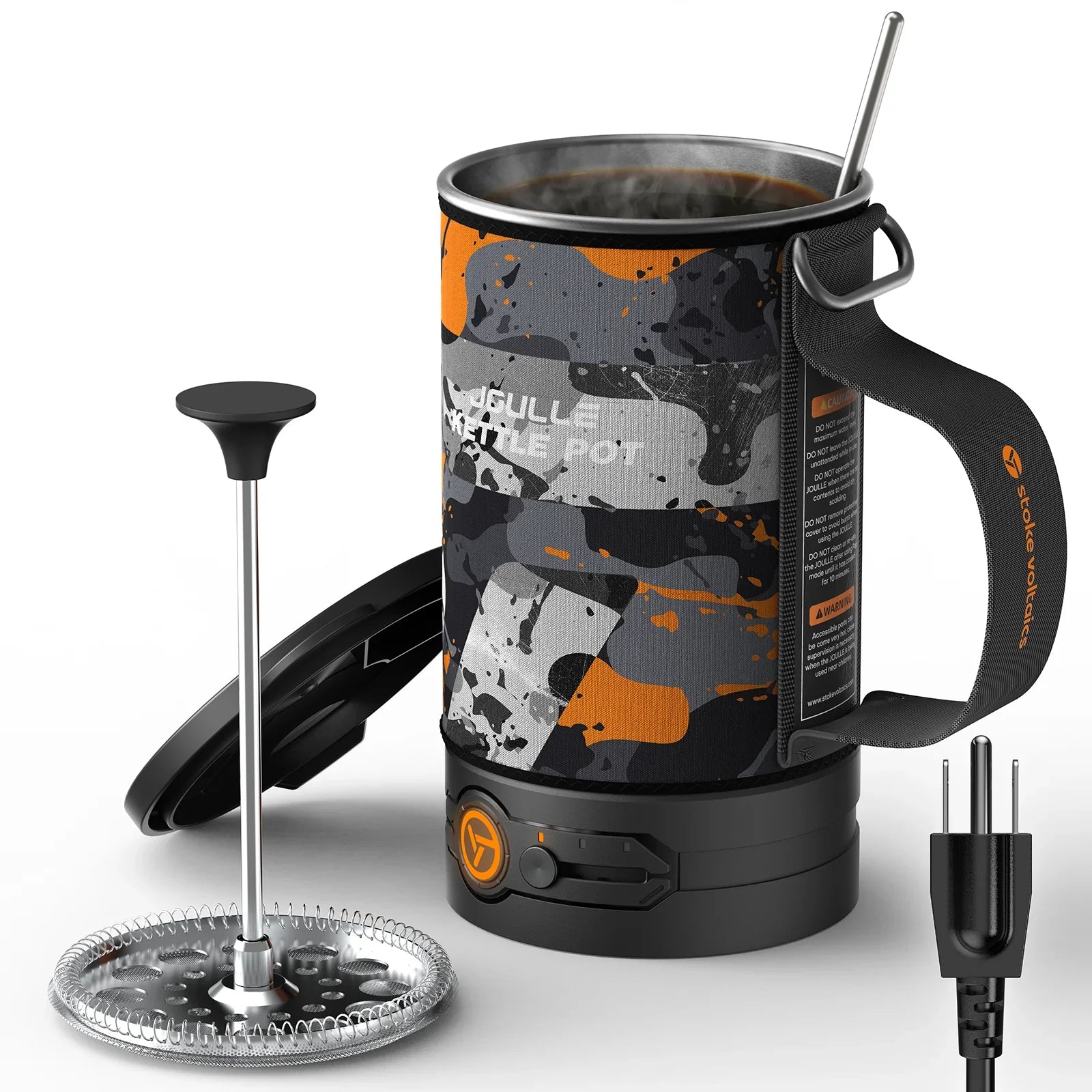 Stoke Voltaics all-purpose kettle pot with French press, camo design, and plug