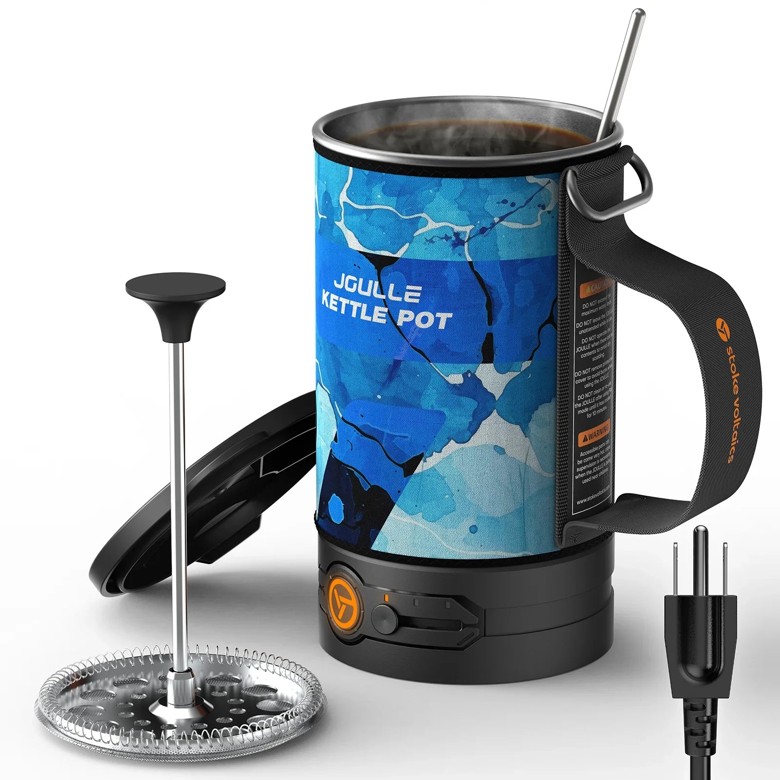 Stoke Voltaics electric kettle pot and french press system with blue insulated cover