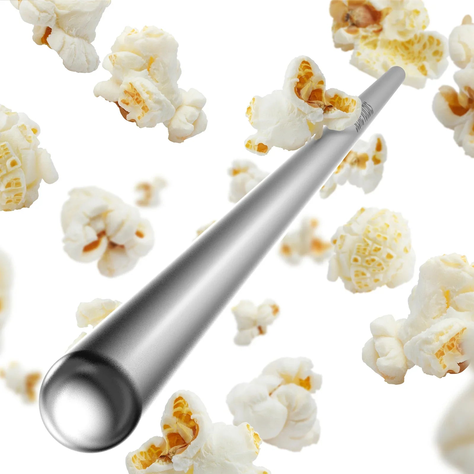Metal stir stick surrounded by popped popcorn on white background, Stoke Voltaics accessory