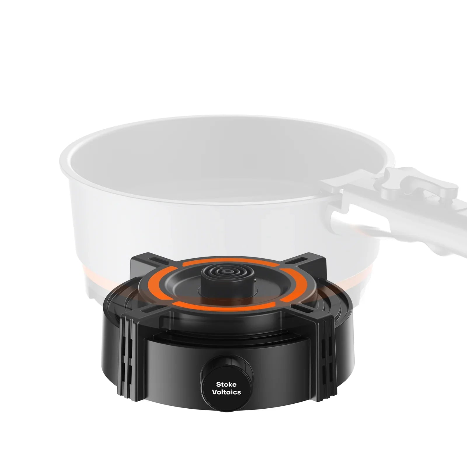 Stoke Voltaics all-purpose portable electric stove with orange accent, kettle pot above