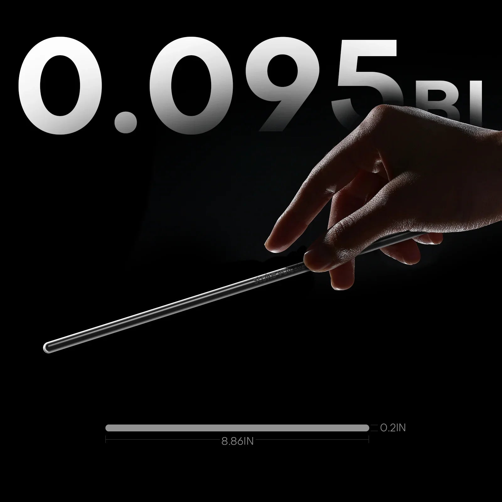 Hand holding ultra-thin metal rod, dimensions 8.86in by 0.2in, Stoke Voltaics gear