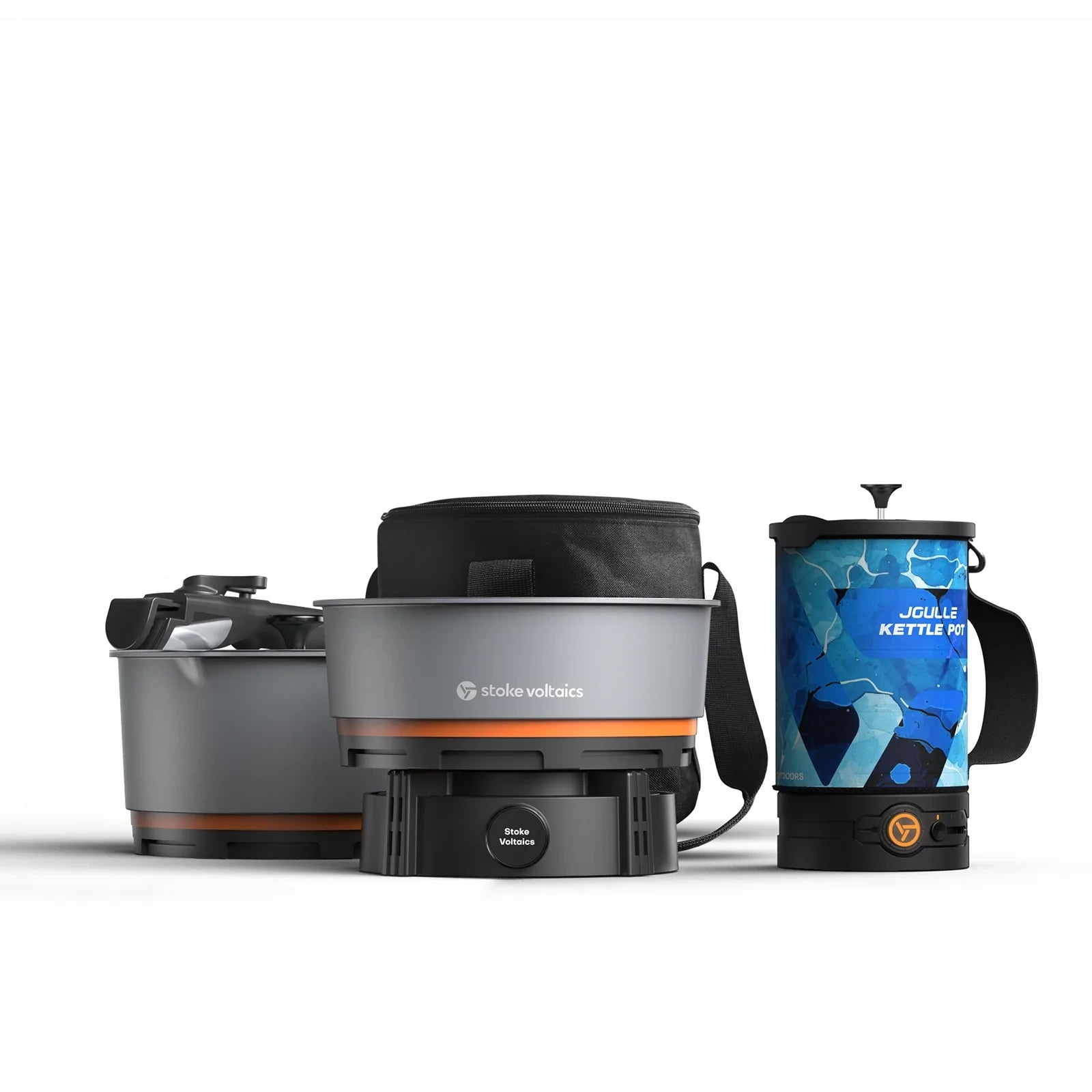 Stoke Voltaics all-purpose kettle pot, french press, and cooking system on white background