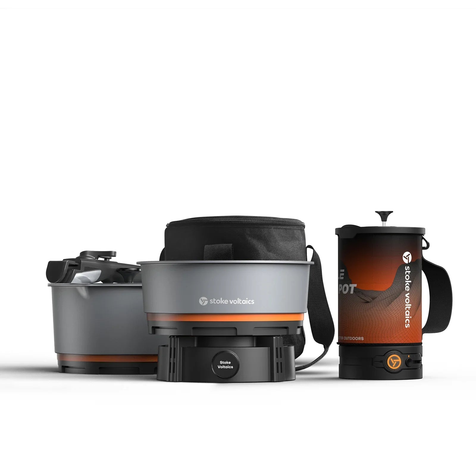 Stoke Voltaics all-purpose camping kettle pot and french press cooking system set