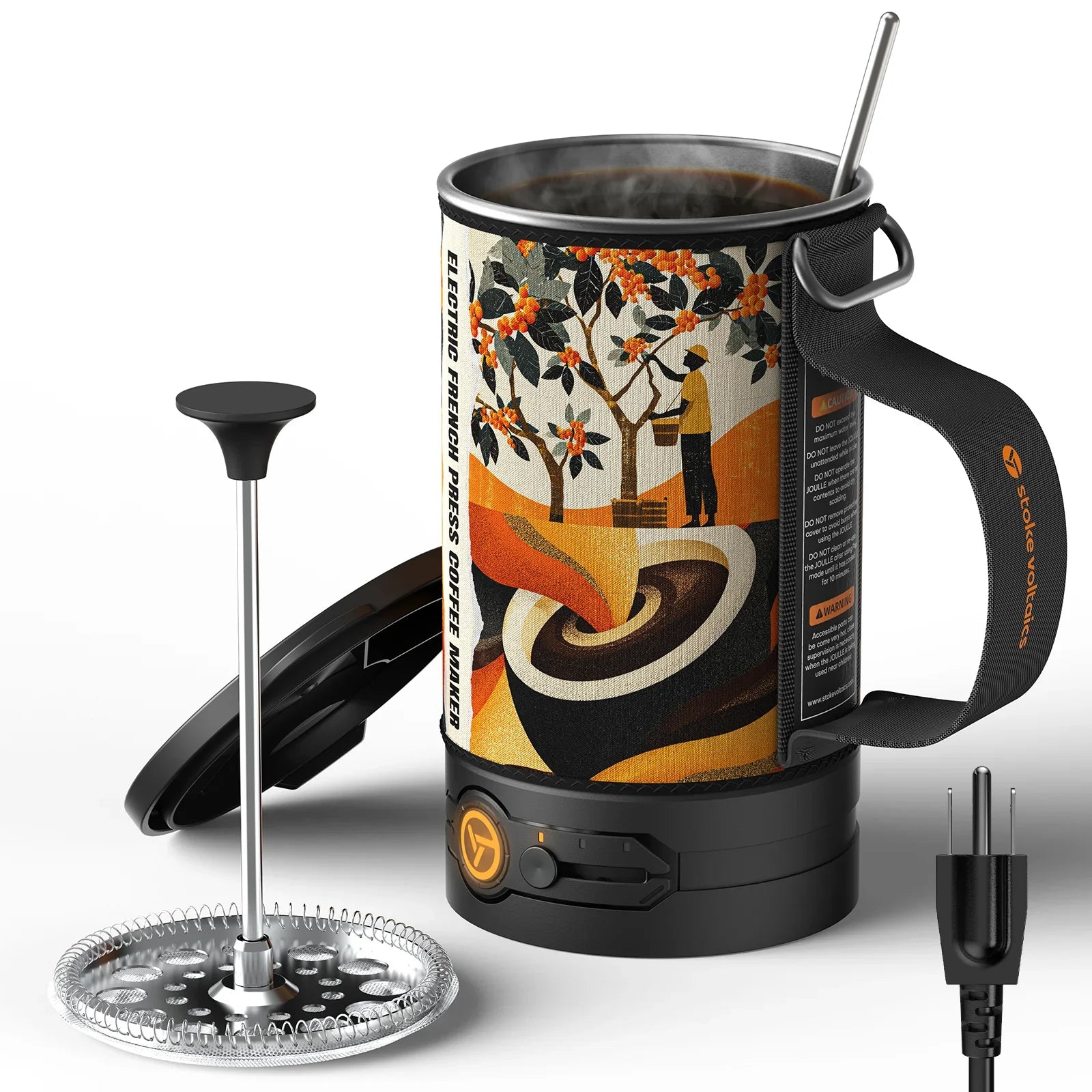 Stoke Voltaics electric French press coffee maker with artistic design, kettle pot, and detachable power cord