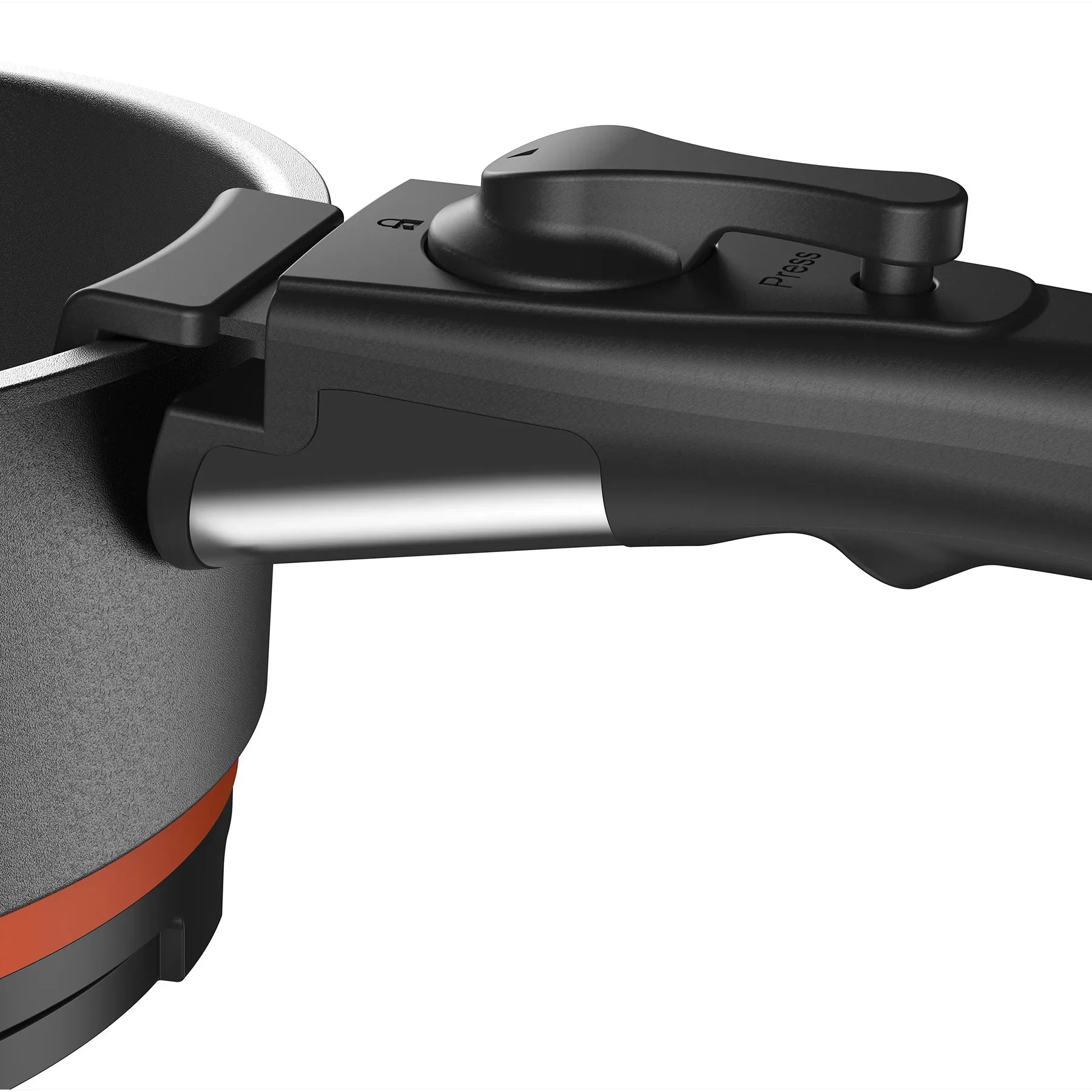 Close-up of Stoke Voltaics kettle pot handle with press-lock button for outdoor cooking