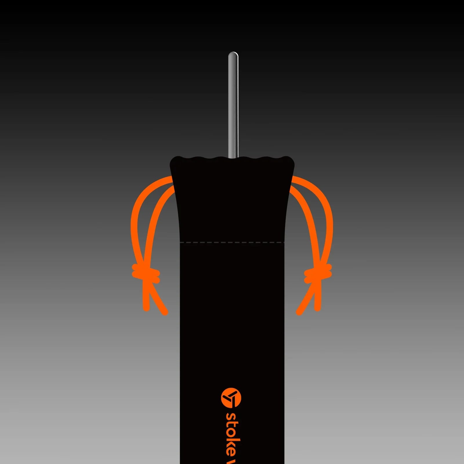 Stoke Voltaics kettle pot in black bag with orange drawstrings, minimalist gradient background