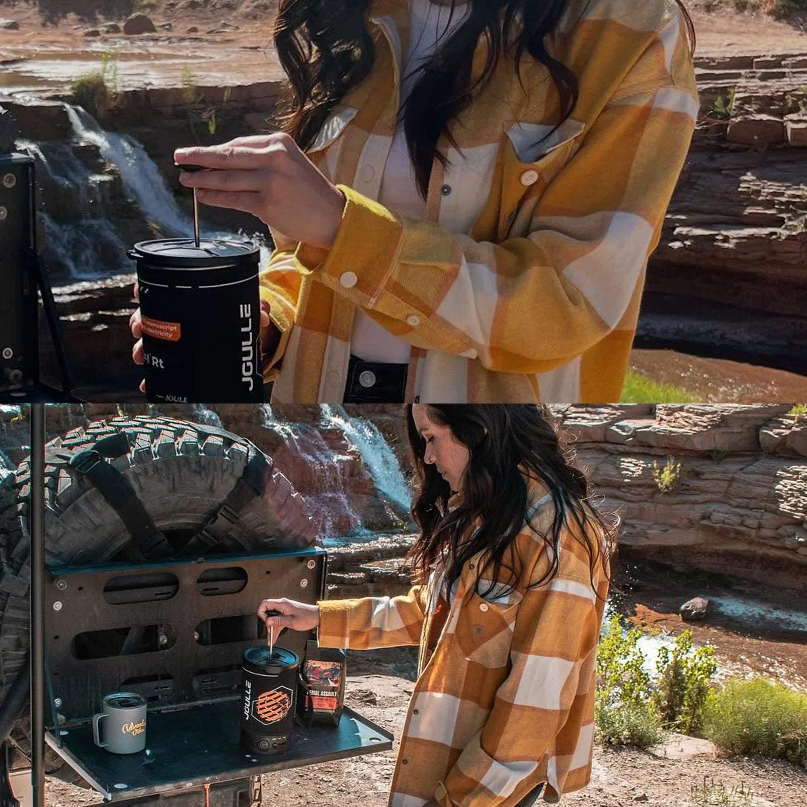 Woman using electric French press coffee maker while car camping near a scenic waterfall