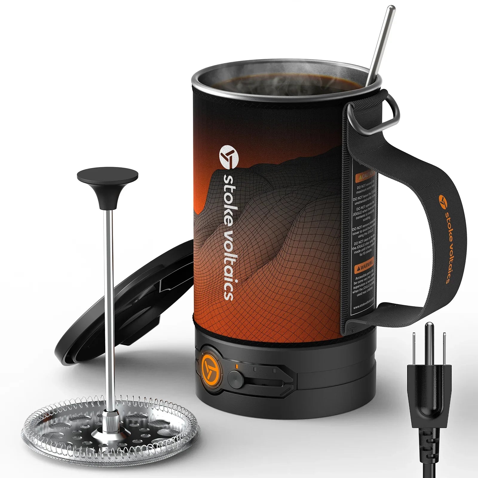 Stoke Voltaics electric kettle pot with French press and mixing bar for camping use