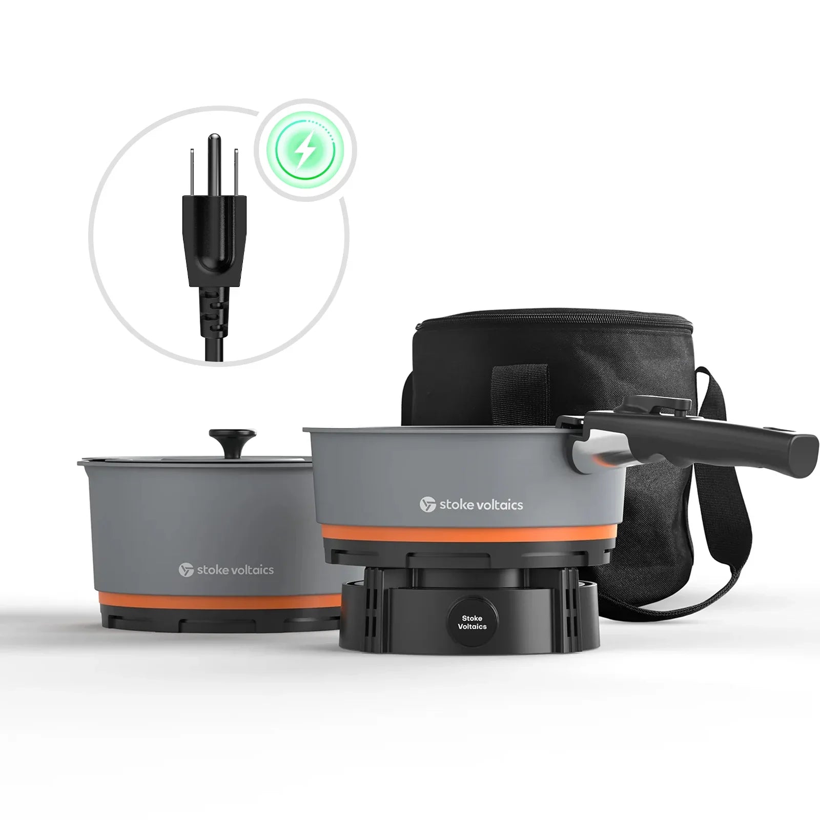 Stoke Voltaics electric nomad cooking system with kettle, pot, and carrying case