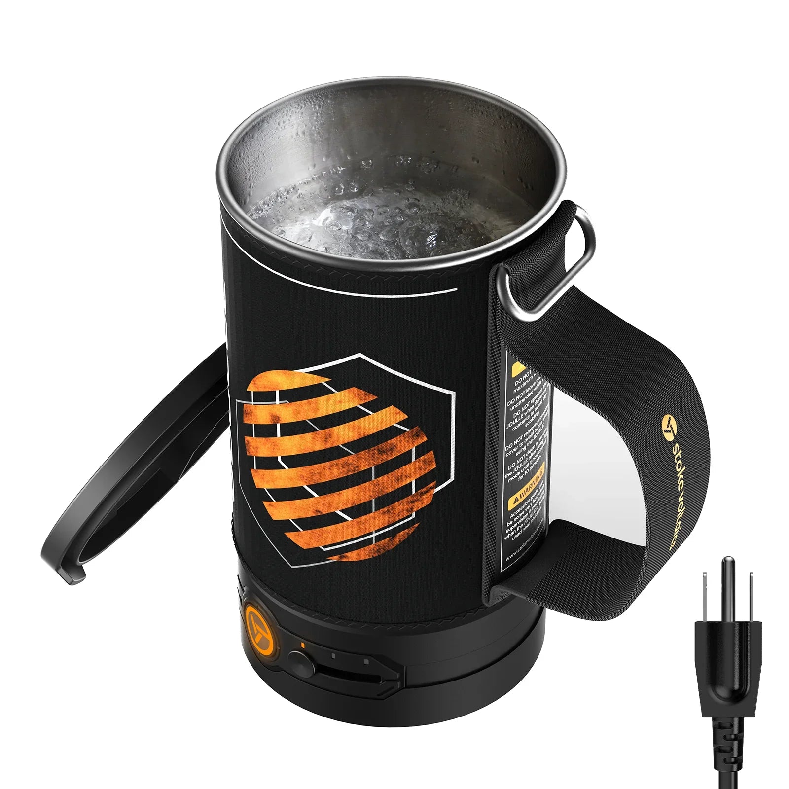 Stoke Voltaics electric kettle pot with water boiling, black insulated design, plug shown